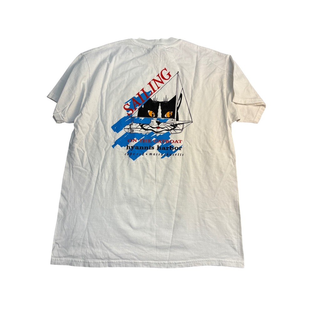 Vintage Hanes Beefy-T Hyannis Harbor Sailing Catboat Graphic T-Shirt White Large